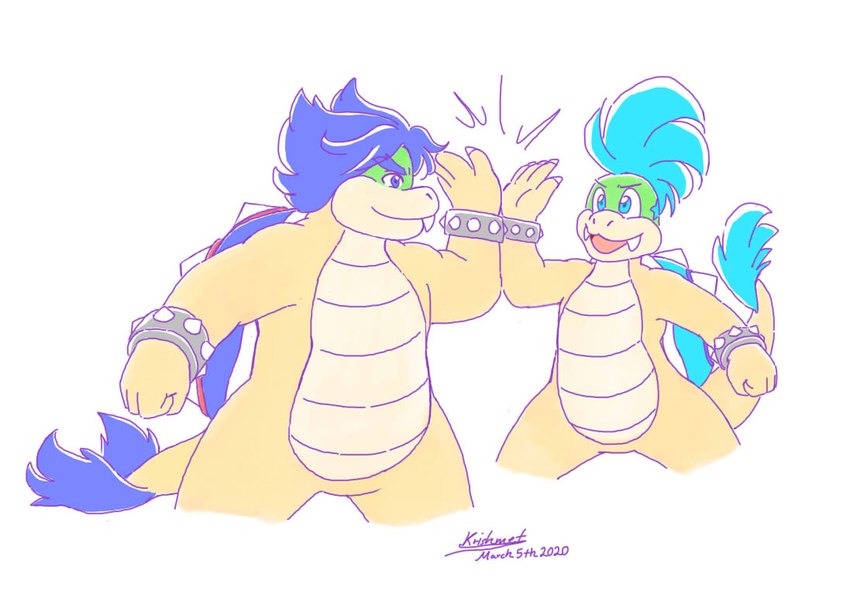 4_fingers anthro belly blue_eyebrows blue_eyes blue_hair blue_shell bracelet claws duo eyebrows fangs finger_claws fingers gesture hair handshake jewelry male markings multicolored_body multicolored_scales scales shell simple_background spiked_shell spikes spikes_(anatomy) star_(marking) teeth white_background krishmet mario_bros nintendo koopaling larry_koopa ludwig_von_koopa koopa scalie 2020 artist_name brother_(lore) brothers_(lore) sibling_(lore)