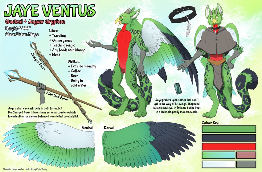 3_toes anthro bottomwear cellphone clothed clothing collar collar_tag digitigrade electronics feathered_wings feathers feet horn loincloth magic male multicolored_body phone slim_male smartphone smile solo staff standing tabard text toes wings konig mythology jaye_ventus avian bird felid gryphon hybrid jaguar mammal mythological_avian mythological_creature pantherine quetzal trogonid absurd_res english_text hi_res model_sheet