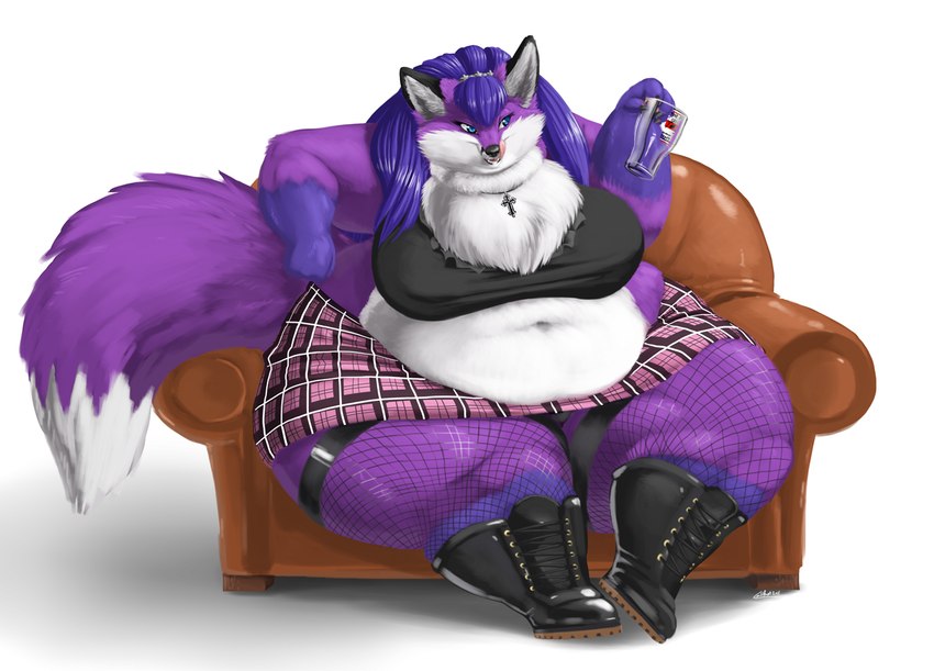 anthro biped black_clothing bottomwear breasts budded_cross clothing cross cross_necklace female fishnet_clothing fishnet_legwear furniture jewelry legwear looking_at_viewer multicolored_body multicolored_clothing necklace obese obese_anthro obese_female on_sofa overweight overweight_anthro overweight_female sitting skirt sofa solo tail gillpanda canid canine fox mammal