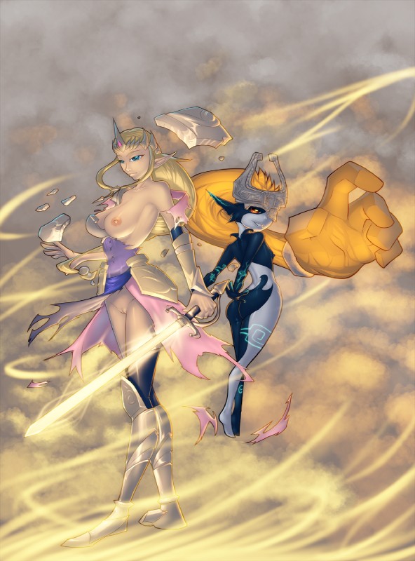 blonde_hair blue_eyes breasts clothing duo female genitals hair holding_object long_hair melee_weapon nipples not_furry orange_eyes orange_hair prehensile_hair pussy sword torn_clothing weapon bakuhaku hyrule_warriors nintendo the_legend_of_zelda twilight_princess midna princess_zelda human humanoid mammal twili 2016 hi_res