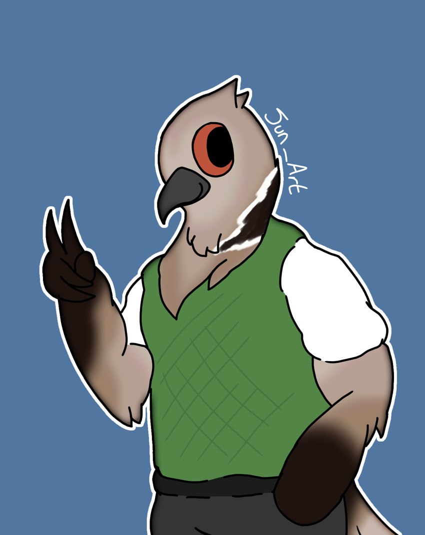 anthro black_bottomwear black_clothing black_pants bottomwear brown_body brown_feathers clothed clothing feathers fully_clothed green_clothing green_topwear green_vest male orange_eyes pants shirt simple_background solo tan_body tan_feathers topwear vest jun_art juno_(jun_art) avian bird collared_dove columbid dove hi_res