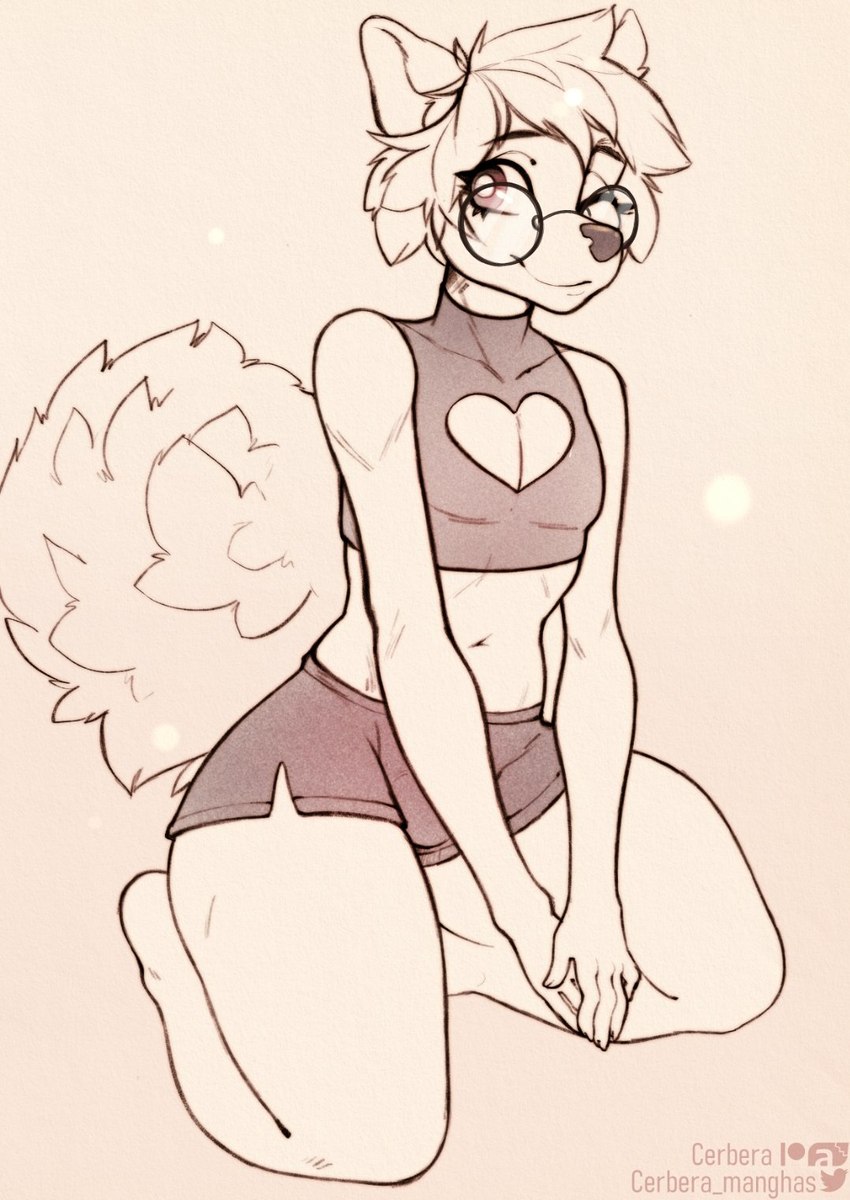 ambiguous_gender anthro athletic_wear belly big_glasses bulge clothing crop_top eyewear femboy fluffy fluffy_tail glasses hands_together heart_clothing heart_crop_top heart_shirt heart_symbol heart_topwear kneeling male one_eye_closed pointed_nails round_glasses seiza shirt sitting slight_bulge slim small_waist solo tail thick_thighs topwear wink cerbera canid canine canis domestic_dog mammal pomeranian spitz hi_res