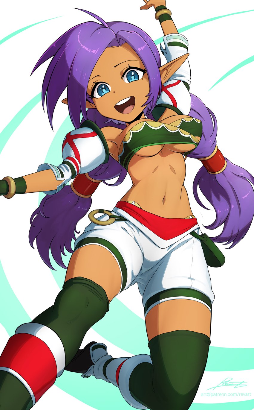 alternate_hairstyle blue_eyes breasts brown_body brown_skin clothing cosplay crossover_cosplay female hair humanoid_pointy_ears long_hair looking_at_viewer navel not_furry open_mouth open_smile pointy_ears purple_hair simple_background smile solo text twintails_(hairstyle) under_boob revenant_(artist) shantae_(series) soul_calibur wayforward shantae talim_(soul_calibur) genie humanoid absurd_res crossover hi_res signature url