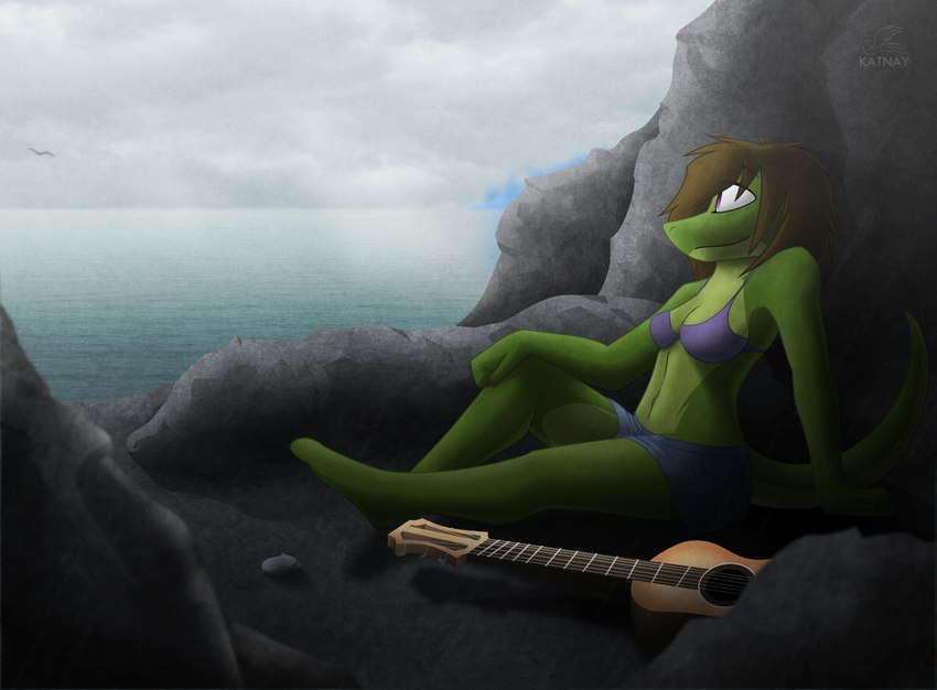 anthro barefoot beach bikini bikini_top bottomwear breasts brown_hair clothed clothing cloud feet female green_body green_scales guitar hair hotpants musical_instrument navel outside plucked_string_instrument purple_eyes relaxing rock scales sea short_hair shorts sitting skimpy sky smile solo string_instrument swimwear two-piece_swimsuit water katnay irene_(katnay) gecko lizard reptile scalie absurd_res hi_res