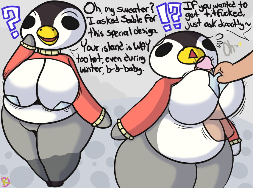 anthro big_breasts big_penis breast_play breasts clothed clothing duo female genitals male male/female mostly_nude nipple_grab pasties penis question_mark questionable_consent sex short_stack skimpy slightly_chubby slightly_chubby_female text thick_thighs titfuck wide_hips klutzatdusk animal_crossing instant_loss_2koma nintendo aurora_(animal_crossing) avian bird human mammal penguin english_text