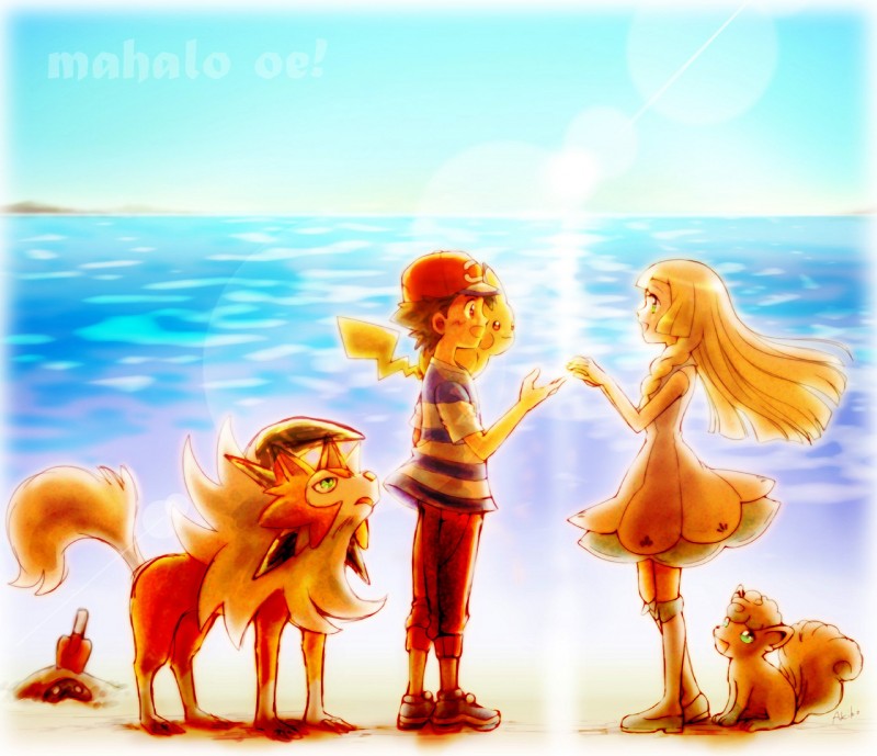 ambiguous_gender beach blonde_hair clothed clothing detailed_background female group hair male outside sand seaside side_view standing sunset water pikasato_akiko nintendo pokemon ash's_pikachu ash_ketchum lillie_(pokemon) pokemon_trainer snowy_(pokemon) alolan_form alolan_vulpix canid canine dusk_lycanroc elemental_creature generation_1_pokemon generation_7_pokemon human lycanroc mammal mineral_fauna pikachu pokemon_(species) regional_form_(pokemon) rodent sand_creature sandygast hi_res