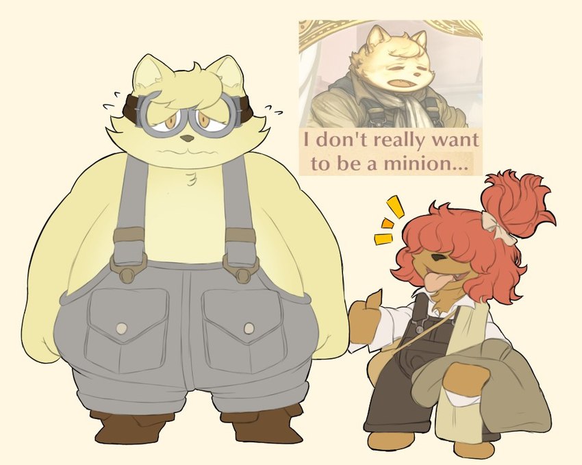 anthro belly boots clothing cosplay duo eyewear female footwear fur goggles hair humor male minion_uniform overalls overalls_only overweight pink_hair shoes text yellow_body yellow_eyes yellow_fur young samedydelphy cyberconnect2 fuga:_melodies_of_steel little_tail_bronx boron_brioche wappa_charlotte canid canine caninu canis domestic_cat domestic_dog felid feline felineko felis mammal english_text