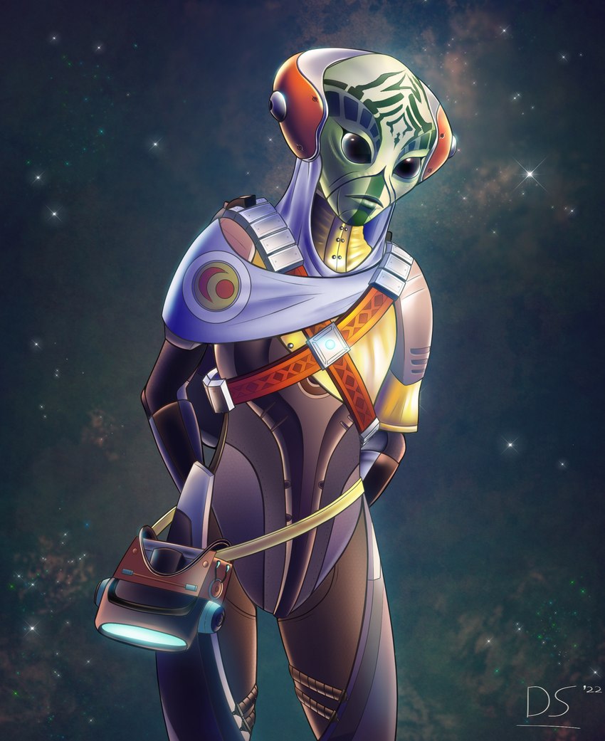 black_eyes clothing green_body green_skin not_furry space dafspiart no_man's_sky artemis_(no_man's_sky) alien humanoid traveller_(no_man's_sky) absurd_res hi_res