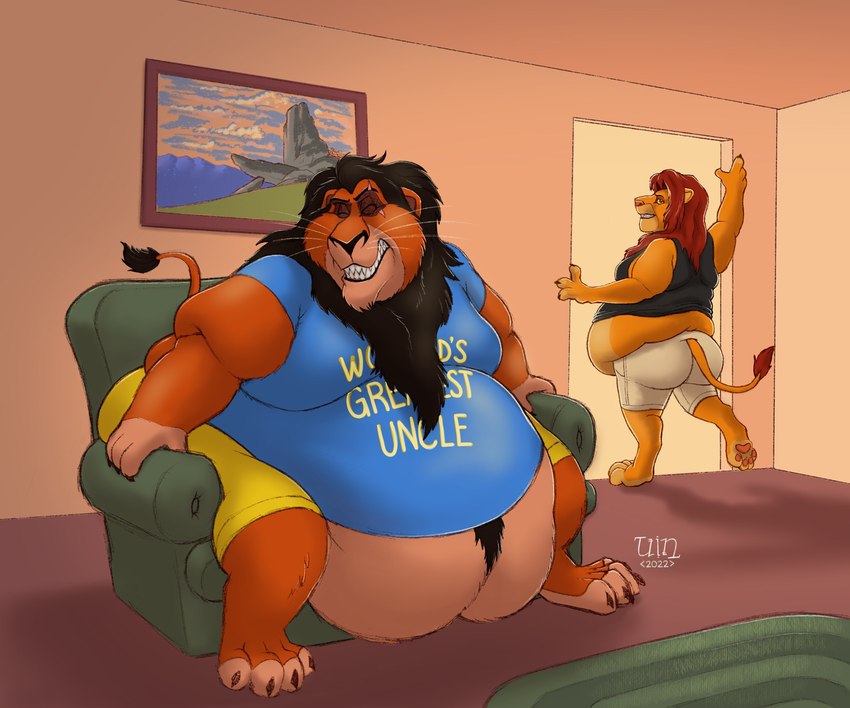 anthro anthrofied belly belly_overhang big_belly black_clothing black_shirt black_topwear blue_clothing blue_shirt blue_topwear bottomwear chair clothed clothing duo eyes_closed fur furniture male mane moobs morbidly_obese obese obese_anthro obese_male orange_body orange_fur overweight overweight_anthro overweight_male shirt shorts sitting sofa tank_top text text_on_clothing text_on_shirt text_on_topwear topwear yellow_bottomwear yellow_clothing yellow_shorts dragontzin disney the_lion_king scar_(the_lion_king) simba_(the_lion_king) felid lion mammal pantherine hi_res