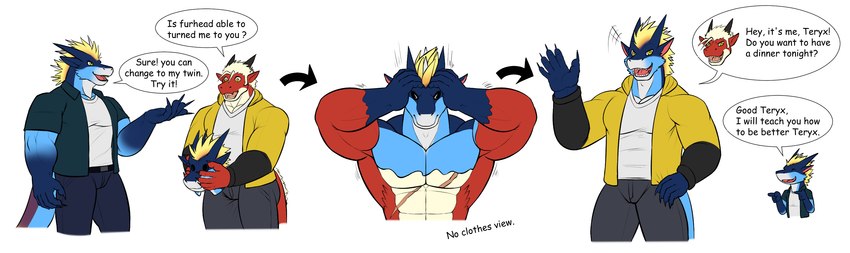 anthro clone duo fursuit_head male male/male muscular tail text transformation twinning primodrago mythology teryx teryx_commodore dragon mythological_creature mythological_scalie scalie english_text hi_res