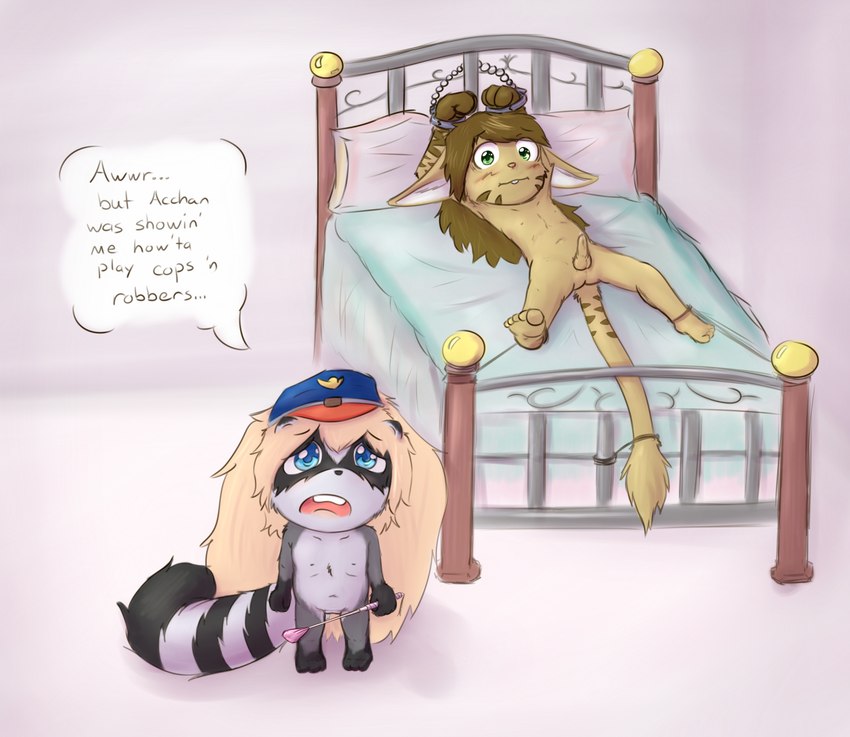 anthro balls bed blonde_hair blue_eyes blush bound cuff_(restraint) dialogue dominant dominant_female duo erection female fluffy fluffy_tail foreskin fur furniture genitals grey_body grey_fur hair handcuffs male male/female metal_cuffs multicolored_body multicolored_fur on_bed penis restrained restraints speech_bubble submissive submissive_male tail teeth tight_foreskin young young_anthro ketsa acchan_(arkaid) hybrid mammal procyonid raccoon absurd_res hi_res