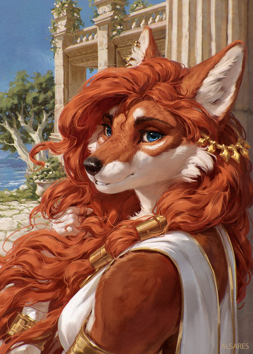 anthro blue_eyes classical_architecture female fur greek greek_clothing hair looking_at_viewer orange_body orange_fur orange_hair plant smile solo teeth tree water alsares canid canine canis fox mammal 2024 hi_res