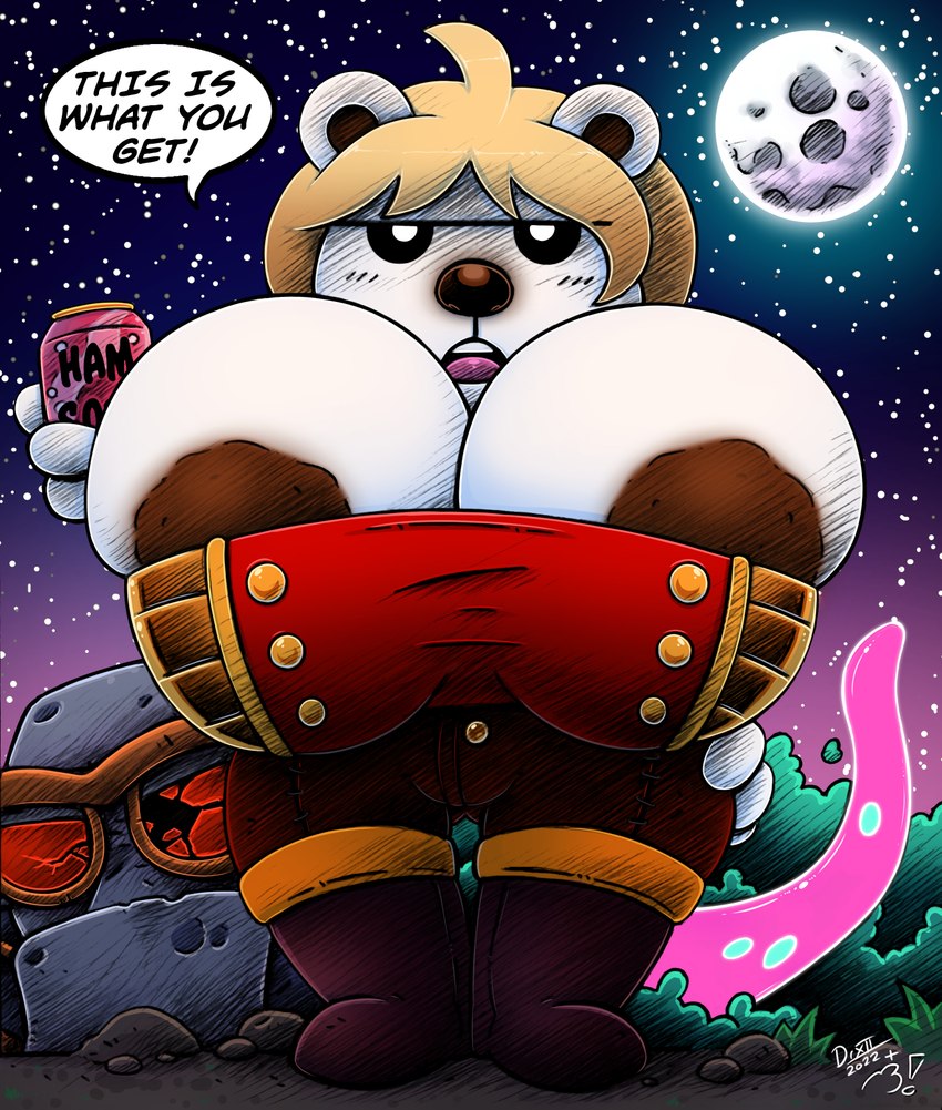 anthro areola areola_slip big_breasts breasts cleavage clothed clothing detailed_background dialogue female fur hair huge_breasts moon night open_mouth outside short_stack sky solo star starry_sky text thick_thighs white_body white_fur wide_hips drake_fenwick drxii bear mammal polar_bear ursine 2022 colored digital_media_(artwork) english_text hi_res