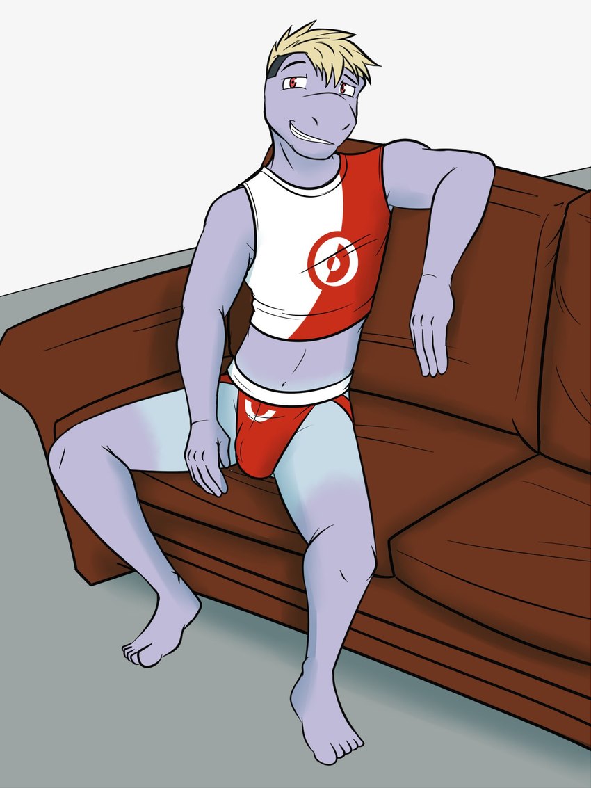 anthro anthrofied barefoot bulge clothed clothing crop_top feet furniture jockstrap male midriff navel on_sofa pantsless pokemorph shirt sitting sitting_on_sofa sofa solo suntan tan_line tank_top topwear underwear fuze nintendo pokemon rex_(fuze) generation_1_pokemon machop pokemon_(species) 3:4 hi_res