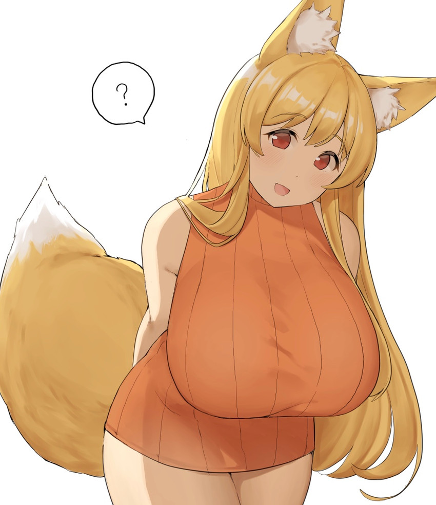 big_breasts blonde_hair blush breasts clothing female hair huge_breasts inner_ear_fluff long_hair looking_at_viewer question_mark red_eyes simple_background smile solo sweater topwear tuft white_background mog_(artist) animal_humanoid canid canid_humanoid canine canine_humanoid fox_humanoid humanoid mammal mammal_humanoid 2020