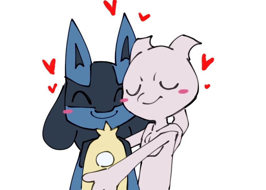 ambiguous_gender anthro biped black_body blue_body duo eyes_closed fur heart_symbol hug pink_body simple_background smile tan_body tan_fur white_background itz_smi73 nintendo pokemon generation_1_pokemon generation_4_pokemon legendary_pokemon lucario mewtwo pokemon_(species)