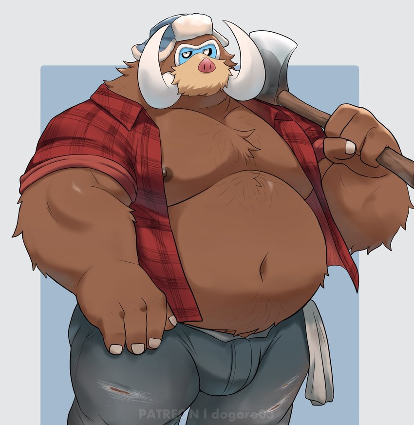 anthro anthrofied axe belly big_belly bottomwear brown_body brown_fur bulge clothed clothing flannel_shirt fur hat headgear headwear kemono lumberjack male moobs musclegut muscular navel nipples open_clothing open_shirt open_topwear overweight overweight_anthro overweight_male pants red_clothing red_shirt red_topwear shirt simple_background solo topwear tusks o-ro nintendo pokemon generation_4_pokemon mamoswine pokemon_(species) 2024 hi_res