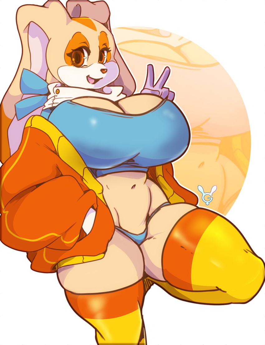 aged_up anthro big_breasts breasts cleavage clothed clothing dipstick_ears ear_markings female gesture hand_gesture jacket legwear looking_at_viewer multicolored_ears open_mouth open_smile smile solo topwear underwear v_sign geeflakes sega sonic_the_hedgehog_(series) cream_the_rabbit lagomorph leporid mammal rabbit 2020 digital_media_(artwork) hi_res signature