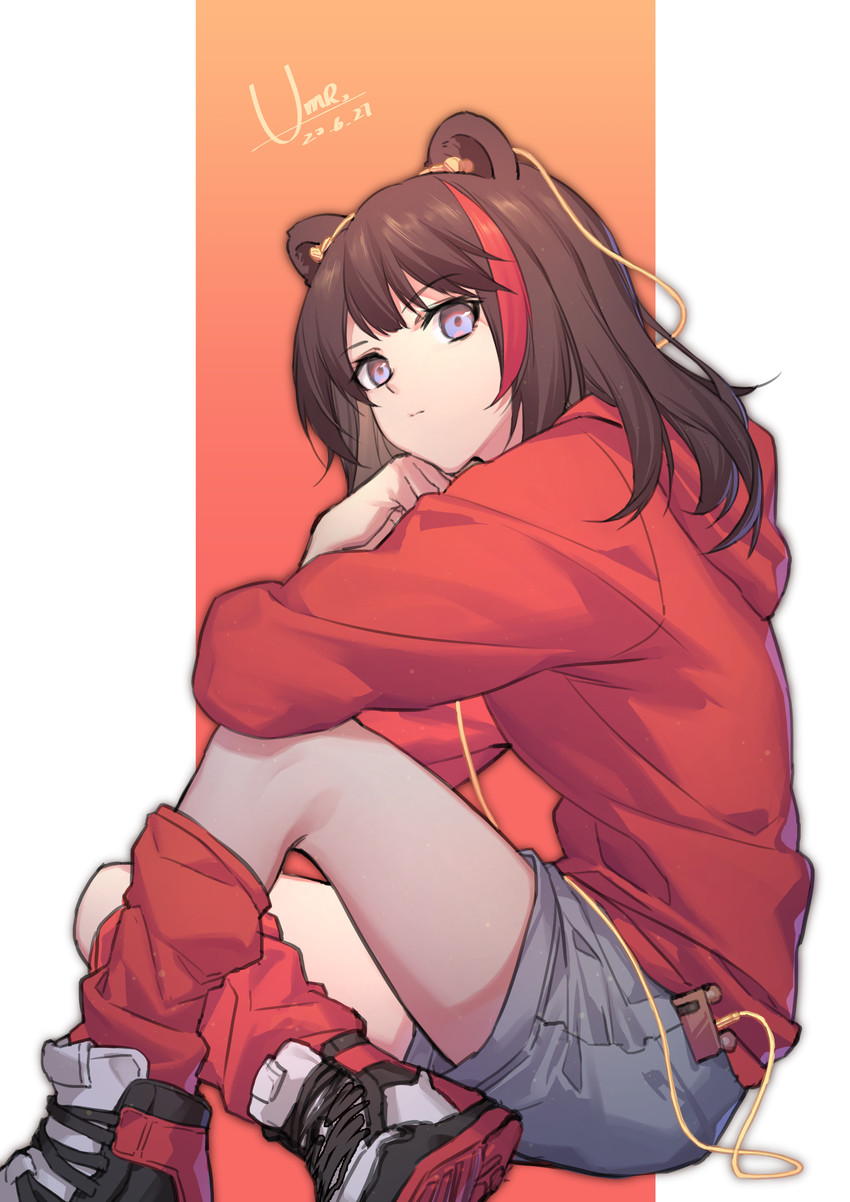 bottomwear brown_hair clothed clothing earbuds electronics female footwear hair headphones highlights_(coloring) looking_at_viewer monotone_earbuds monotone_headphones orange_earbuds orange_headphones red_hair red_highlights shirt shoes shorts simple_background sitting solo topwear yumero arknights hypergryph studio_montagne zima_(arknights) animal_humanoid bear humanoid mammal mammal_humanoid ursid_humanoid 2020 absurd_res hi_res