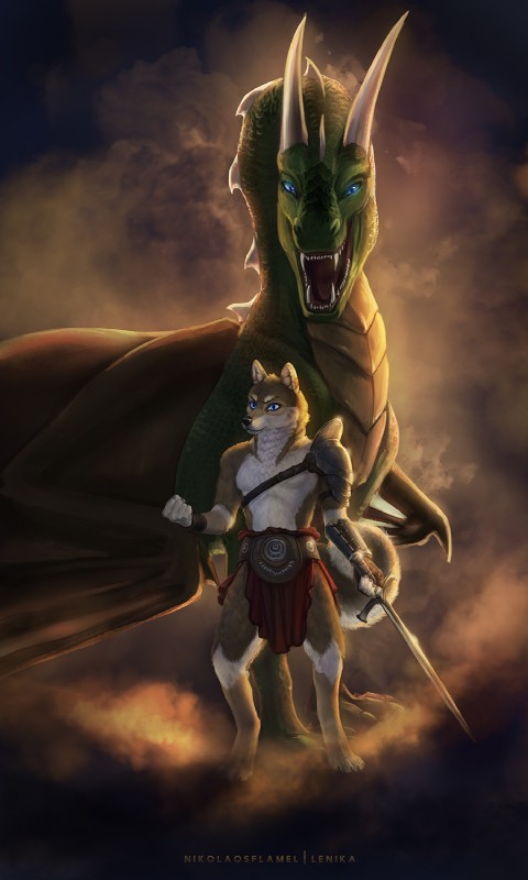 anthro duo feral horn looking_at_viewer male melee_weapon membrane_(anatomy) membranous_wings open_mouth size_difference sword tail warrior weapon wings lenika nikolaosflamel mythology blargh101 canid canine canis domestic_dog dragon mammal mythological_creature mythological_scalie scalie 2018 3:5 artist_collaboration digital_media_(artwork) hi_res