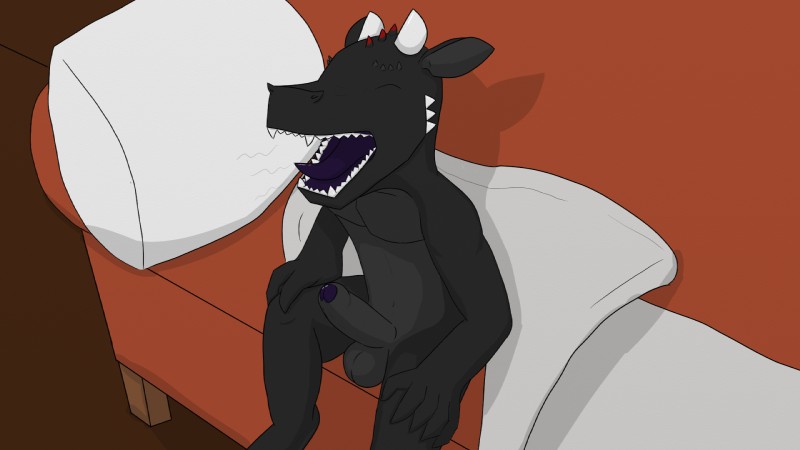 anthro balls black_body eyes_closed foreskin furniture genitals humanoid_genitalia humanoid_penis male non-mammal_balls open_mouth penis pillow sofa solo tongue yawn vigmarr kobold scalie 16:9 digital_media_(artwork) hi_res widescreen