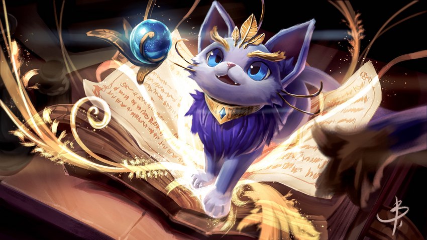 ambiguous_gender blonde_eyebrows blue_body blue_ears blue_eyes blue_fur book eyebrows fangs feral fur jewelry looking_up on_book open_book open_mouth quadruped solo teeth yellow_body blaedic league_of_legends riot_games tencent yuumi_(lol) domestic_cat felid feline felis mammal 16:9 2019 4k absurd_res hi_res signature widescreen