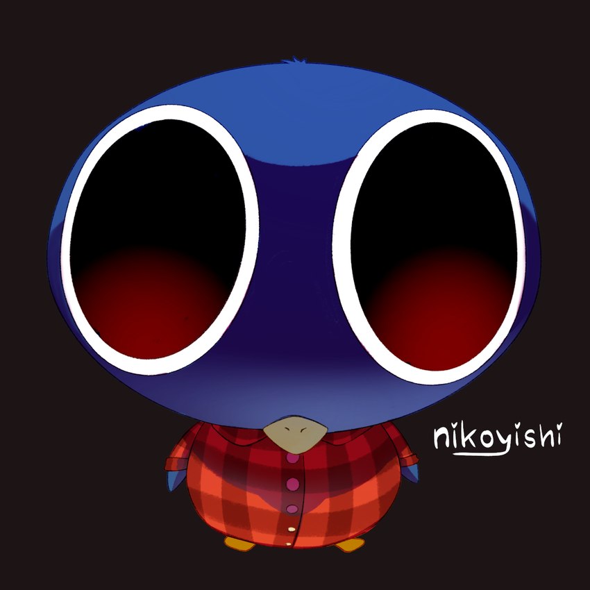 anthro beak big_eyes blue_body clothing flippers male meme_pose pattern_clothing pattern_shirt pattern_topwear plaid plaid_clothing plaid_shirt plaid_topwear red_eyes shirt solo topwear conditional_dnp nikoyishi animal_crossing nintendo roald_(animal_crossing) avian bird penguin 1:1 2025 digital_media_(artwork) hi_res meme shaded signature