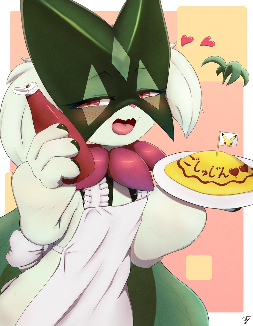 ambiguous_gender anthro apron blush clothing food fur holding_object looking_at_viewer open_mouth red_eyes solo white_body white_fur suru56nee nintendo pokemon generation_9_pokemon meowscarada pokemon_(species) hi_res