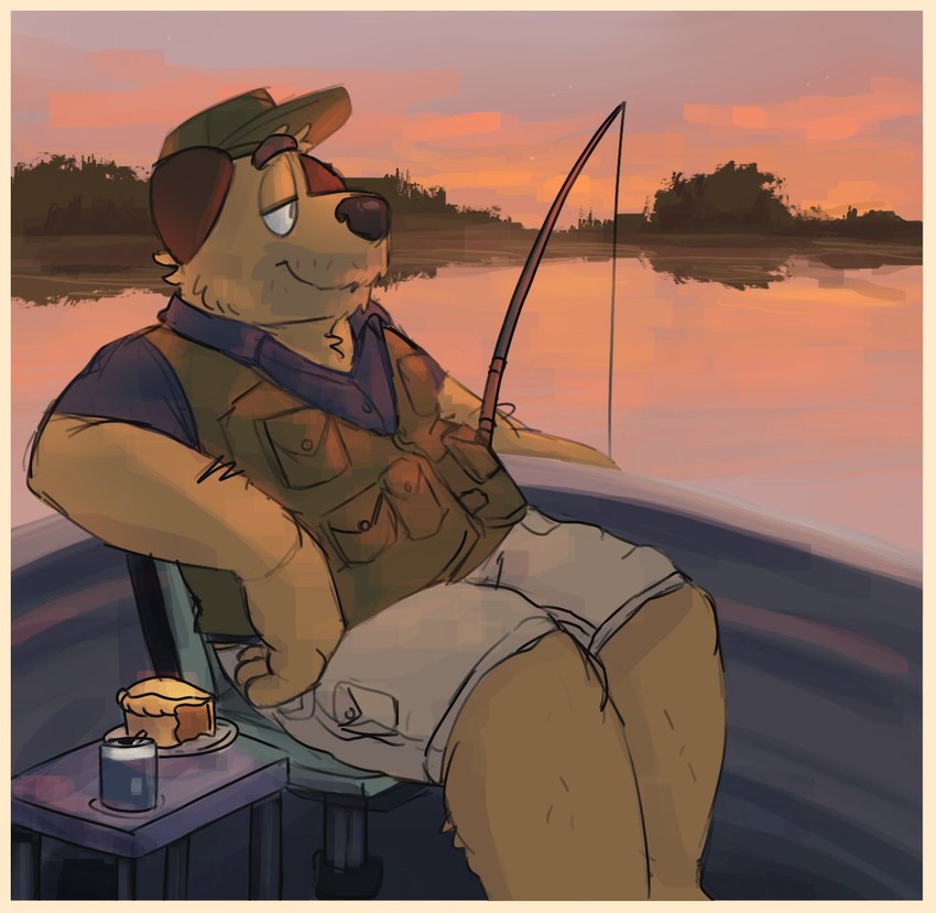 anthro beverage black_clothing black_eyes black_nose black_shirt black_topwear boat border bottomwear brown_body brown_ears brown_fur calm can clothed clothing container fishing fishing_rod fur green_clothing green_hat green_headwear green_topwear green_vest grey_bottomwear grey_clothing grey_shorts half-closed_eyes hat headgear headwear lake male narrowed_eyes outside pie_(food) plate shirt shorts sitting smile solo sunset topwear vehicle vest water watercraft yellow_border shaibey bluey_(series) sparky_(bluey) canid canine canis domestic_dog mammal mastiff molosser 2024 digital_media_(artwork) hi_res procreate_(artwork)