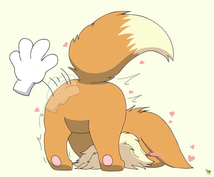 ambiguous_feral ambiguous_gender blush brown_body brown_fur butt disembodied_hand feral fur hand_on_butt heart_symbol logo patting_butt raised_tail rear_view simple_background tail pichu90 nintendo pokemon eevee generation_1_pokemon pokemon_(species) 2025 artist_logo hi_res