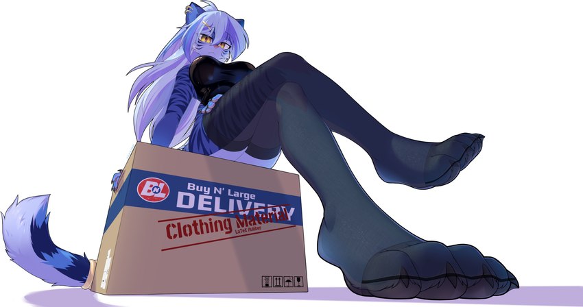 accessory amber_eyes anthro blue_body blue_fur blue_hair box buy_n'_large cardboard cardboard_box claws clothing container crossed_legs ear_piercing female fur hair hair_accessory hairclip legwear long_hair looking_at_viewer low-angle_view piercing pupils sitting slit_pupils solo stockings striped_body striped_fur stripes strips white_hair worm's-eye_view moviescofield margit_upfarvis_(grimsound99) felid mammal pantherine tiger absurd_res hi_res