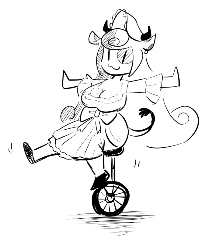 :3 big_breasts breasts cleavage clothed clothing ear_piercing female hat headgear headwear horn monster_girl_(genre) piercing solo unicycle vehicle anaugi monster_girl_gamu klara_(monster_girl_gamu) animal_humanoid bovid bovid_humanoid bovine bovine_humanoid cattle_humanoid humanoid mammal mammal_humanoid black_and_white hi_res monochrome