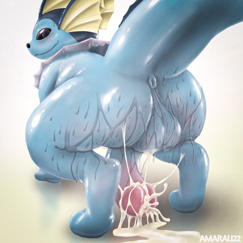 anus backsack balls big_balls big_penis black_eyes blue_body bodily_fluids butt cum cum_on_ground excessive_cum excessive_genital_fluids feral genital_fluids genitals male penis reflective_floor simple_background solo sweat sweatdrop tail amarali_(artist) nintendo pokemon eeveelution generation_1_pokemon pokemon_(species) vaporeon 1:1 hi_res