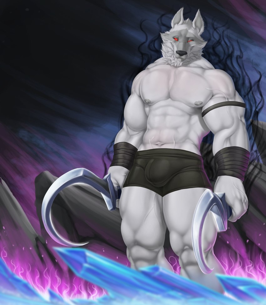 abs anthro arm_wrapping arm_wraps armband aura biceps black_nose bottomwear boxer_briefs boxers_(clothing) bulge cheek_tuft clothed clothed_anthro clothed_male clothing crystal dual_wielding facial_markings facial_tuft fire fire_background fur fuzzy grin head_markings holding_object holding_weapon humanoid_hands looking_at_viewer male markings mask_(marking) muscular muscular_anthro muscular_male muscular_thighs narrowed_eyes navel neck_tuft nipples pecs red_eyes shorts sickle smile solo standing tailless teeth topless topless_anthro topless_male tuft underwear vein veiny_muscles weapon white_body white_fur wrapped_arms wraps wrist_wraps hamili dreamworks puss_in_boots_(franchise) death_(puss_in_boots) canid canine canis mammal wolf 2024 absurd_res hi_res