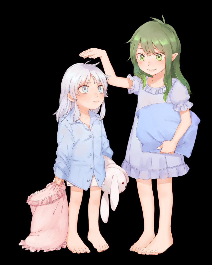 5_fingers 5_toes blue_eyes clothing dress duo feet female fingers green_eyes green_hair hair looking_at_another open_mouth pillow plushie shirt simple_background teeth toes topwear transparent_background white_hair unknown_artist straviios elf human humanoid mammal 4:5 alpha_channel hi_res