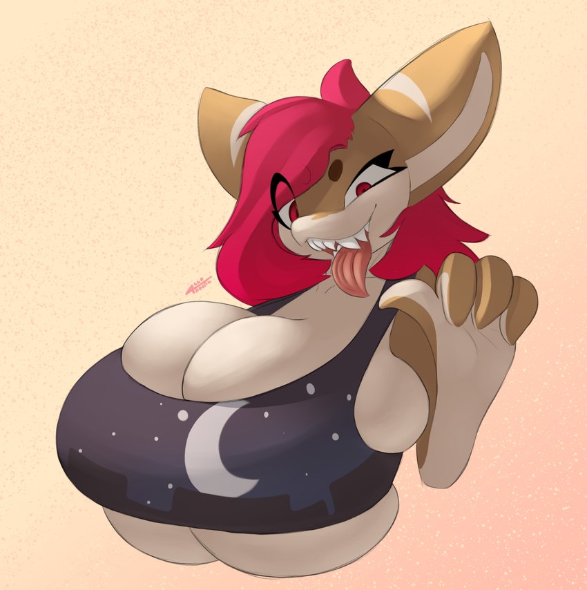 anthro big_breasts breasts bulging_breasts clothing crop_top female hair huge_breasts non-mammal_breasts overflowing_breasts red_eyes red_hair sharp_teeth shirt side_boob simple_background smile solo teeth tongue tongue_out topwear under_boob undersized_clothing undersized_topwear allodoodl reed_(caramelthegoat) fish marine shark hi_res shaded signature