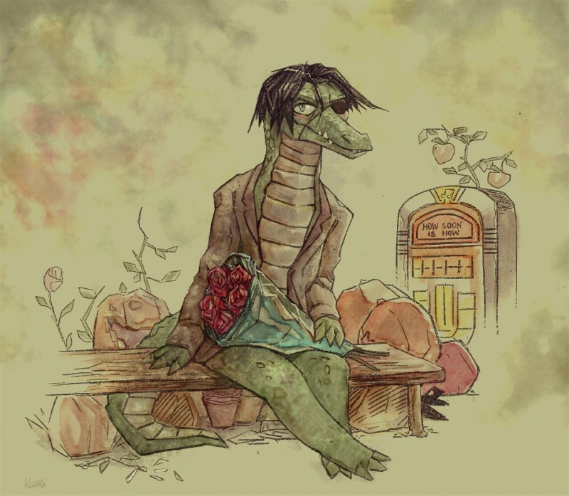 anthro apple bench biped blush bouquet clothed clothing crossed_legs eye_patch eyewear flower food fruit hair looking_at_viewer male plant pumpkin rose_(flower) sitting smile solo klongi later_alligator pillowfight smallbu the_knife crocodile crocodilian reptile scalie 2019 hi_res