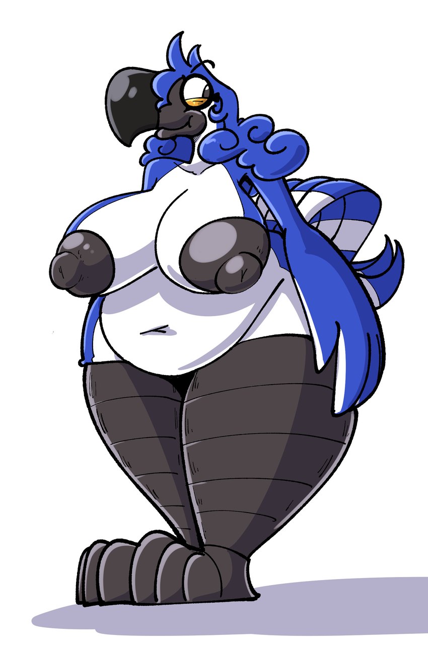 anthro beak belly belly_overhang big_belly black_beak blue_body breasts countershading eyewear feathers female glasses navel nipples non-mammal_breasts non-mammal_navel non-mammal_nipples overweight overweight_anthro overweight_female simple_background slightly_chubby solo tail tail_feathers thick_thighs white_background white_body white_countershading wide_hips sachasketchy reina_(sachasketchy) avian bird toucan absurd_res hi_res