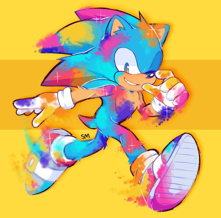 5_fingers anthro black_nose blue_body blue_eyes blue_fur blue_hair clothing fingers footwear fur gloves grin hair handwear looking_at_viewer male one_eye_closed running shoes simple_background smile solo white_clothing white_gloves white_handwear wink yellow_background spacemvtt sega sonic_the_hedgehog_(series) sonic_the_hedgehog 2021 digital_media_(artwork) full-length_portrait portrait signature