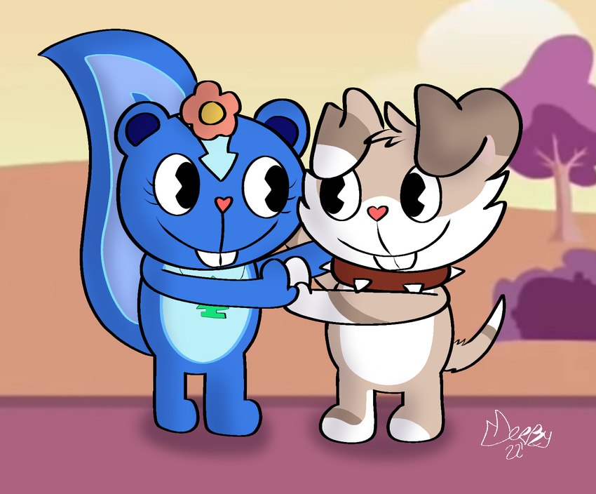 air_freshener anthro black_eyes blue_body brown_body buckteeth collar duo eye_contact eyelashes female head_flower looking_at_another male spiked_collar spikes teeth merpzyberpzy happy_tree_friends fan_character petunia_(htf) pudding_(merpzyberpzy) canid canine canis domestic_dog mammal mephitid skunk 2022 dated digital_drawing_(artwork) digital_media_(artwork) hi_res signature