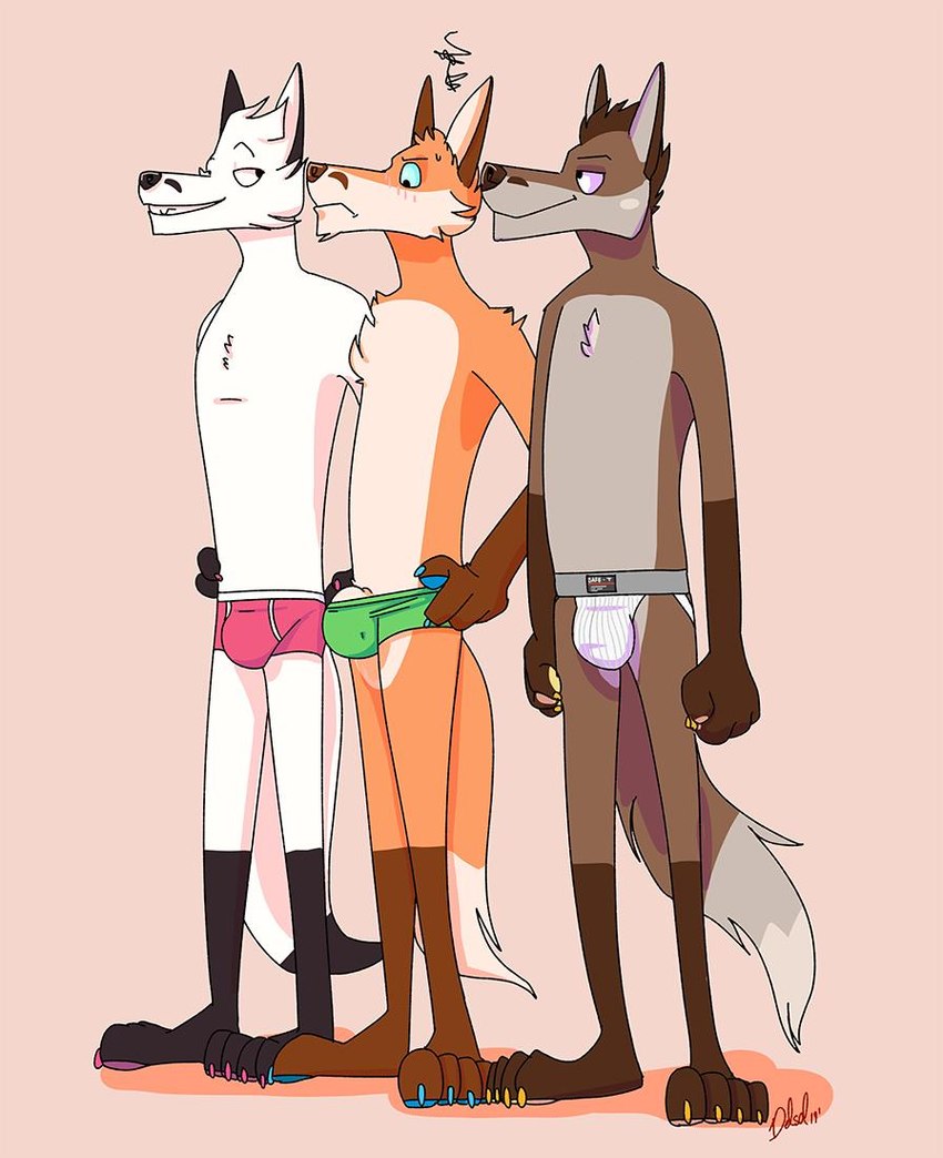 angry anthro blue_claws blush briefs bulge chest_tuft claws clothed clothing genitals green_briefs green_clothing green_underwear group jockstrap looking_at_another male male/male orange_claws penis penis_base penis_poking_out pink_briefs pink_claws pink_clothing pink_underwear standing tail toony trio tuft underwear underwear_only white_seam_briefs delsol bruce_(delsol) henry_(delsol) redd_(delsol) arctic_fox canid canine fox mammal red_fox true_fox 2019 signature