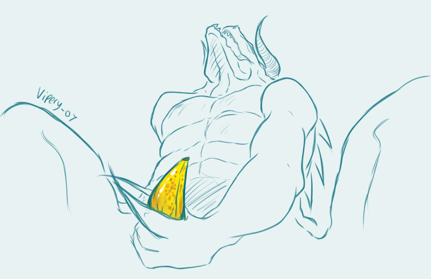 anthro banana claws fangs food fruit horn male muscular muscular_anthro muscular_male open_mouth plant simple_background sitting solo spikes teeth vipery-07 fallout microsoft goris_(fallout) deathclaw scalie