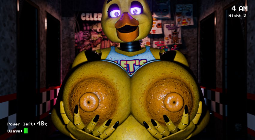 anthro belly bib big_breasts breasts female glowing glowing_eyes hand_on_breast holding_breast looking_at_viewer machine nipples office purple_eyes smile smiling_at_viewer solo text yellow_body yellow_skin theant/thedirtyant octal_(modeler) blender_eevee five_nights_at_freddy's scott_cawthon scottgames chica_(fnaf) chica_(octal) animatronic avian bird chicken galliform gallus_(genus) phasianid robot robot_anthro 2025 3d_(artwork) blender_(artwork) digital_media_(artwork) english_text hi_res