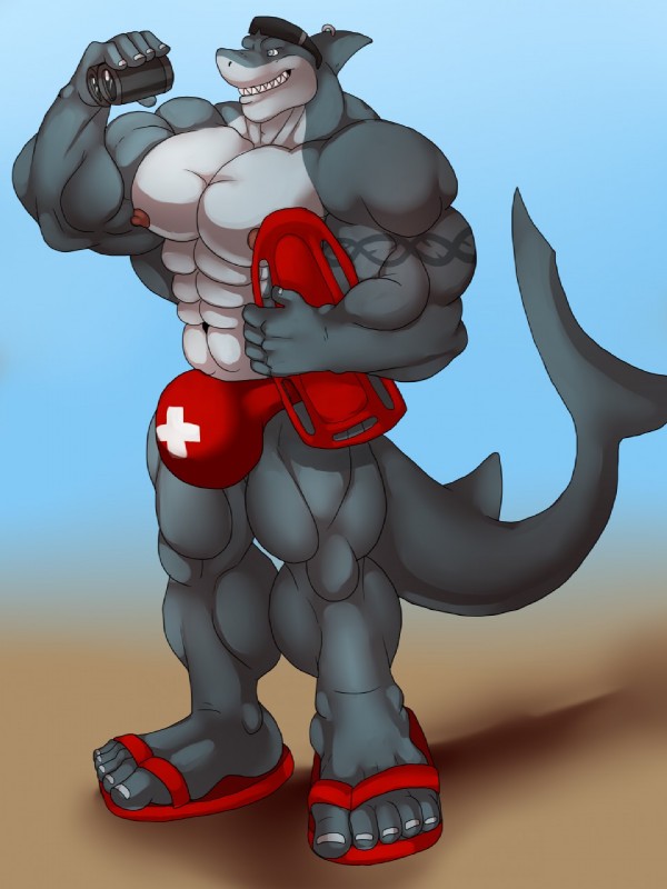 anthro big_bulge binoculars bulge clothing eyewear flexing footwear lifeguard male muscular muscular_anthro muscular_male outside sandals shoes smile solo speedo standing sunglasses swimwear arody brain-sickness fish marine shark 3:4 hi_res