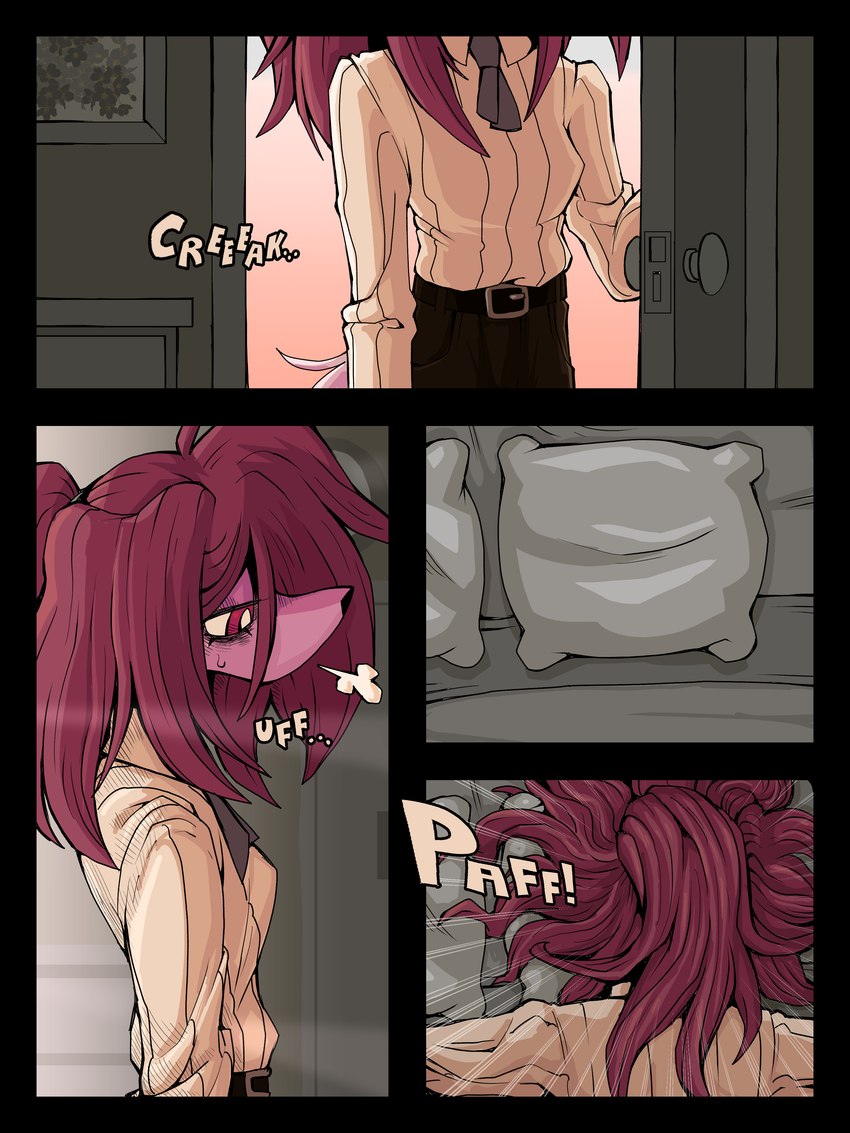 anthro bed belt bottomwear brown_hair clothing depression female fur furniture hair homeless motel pants pink_body pink_fur ponytail red_eyes ribbons sad shirt sigh solo topwear ponporio homeless_dog canid canine mammal 3:4 absurd_res comic hi_res