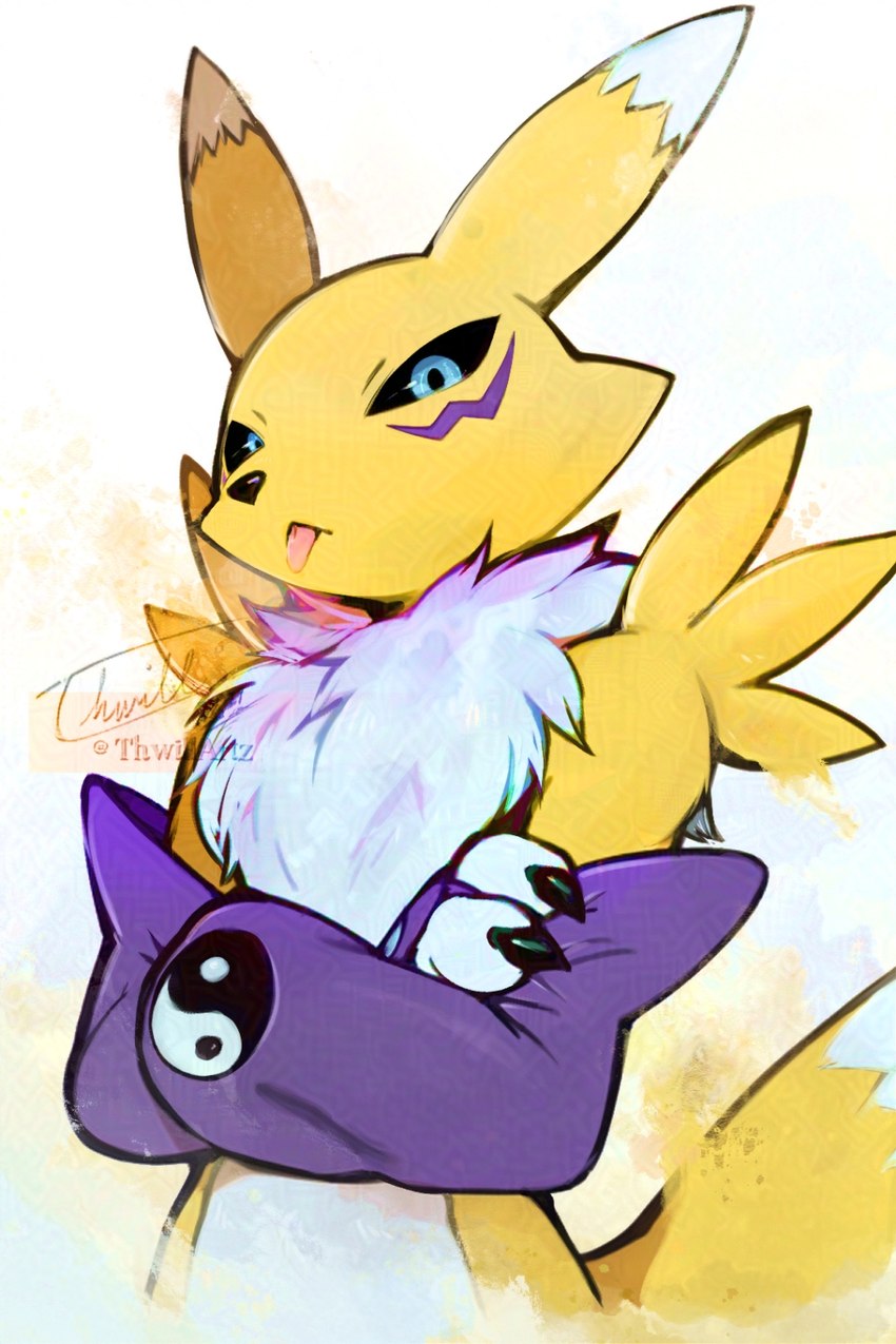 anthro armwear black_nose black_sclera blep blue_eyes clothed clothing dipstick_ears ear_markings fingers fur looking_at_viewer mostly_nude multicolored_ears pink_tongue pupils purple_armwear purple_body purple_clothing tail tongue tongue_out two_tone_ears white_body white_ears white_fur white_tail yellow_body yellow_ears yellow_fur yellow_tail thwillartz bandai_namco digimon digimon_(species) renamon 2025 digital_media_(artwork) hi_res