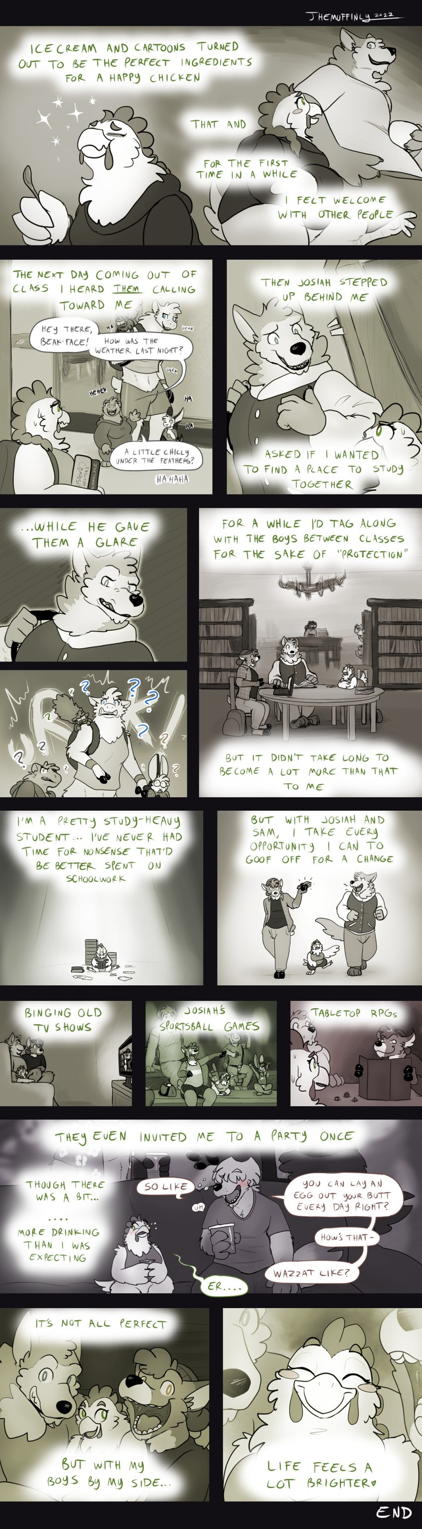 anthro backpack book bottomless clothed clothing dialogue female library male school size_difference speech_bubble text university themuffinly abbie_huskin_(themuffinly) josiah_(themuffinly) samuel_(themuffinly) avian bird bovid camelid canid canine canis caprine capybara caviid chicken deer domestic_dog felid galliform gallus_(genus) goat lagomorph leporid lion llama mammal pantherine phasianid rabbit rodent sciurid tree_squirrel wolf 2022 absurd_res comic english_text hi_res