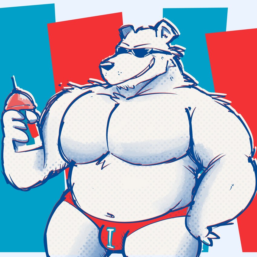 abstract_background anthro belly beverage big_pecs bulge clothing container cup eyewear fur geometric_background grin holding_beverage holding_object male musclegut muscular muscular_male navel pecs red_clothing red_underwear simple_background slightly_chubby smile solo sunglasses underwear white_body white_fur janjauwu icee icee_bear_(icee) bear mammal polar_bear ursine 1:1 2023 hi_res