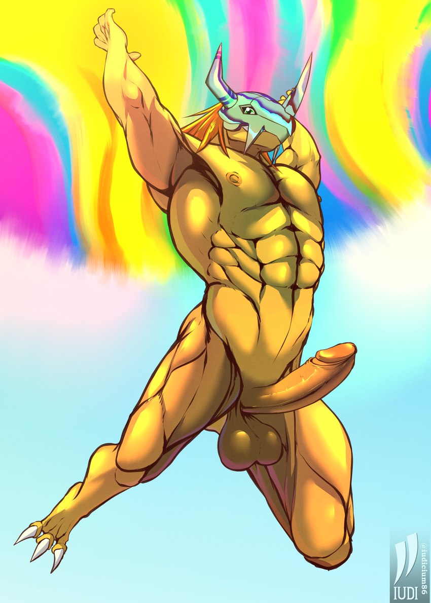 3_toes abs anthro armor attack balls erection feet flying foreskin genitals headgear headgear_only helmet helmet_only male muscular nude outside penis rainbow retracted_foreskin sky solo toes iudicium86 bandai_namco digimon digimon_(species) wargreymon absurd_res hi_res