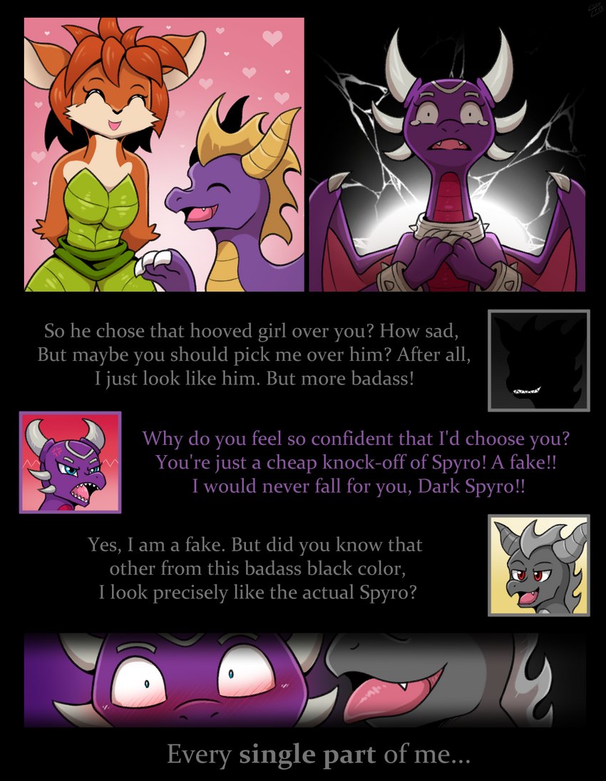 anthro blush bodily_fluids cross-popping_vein female feral group heart_symbol heartbreak male male/female tears text vavacung activision mythology spyro_the_dragon cynder dark_spyro elora spyro dragon faun faun_(spyro) mythological_creature mythological_scalie scalie comic english_text hi_res